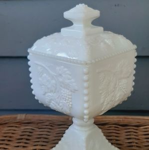 Westmoreland Vintage Milk Glass Covered Dish with Grapes & Hobnail Design Detail